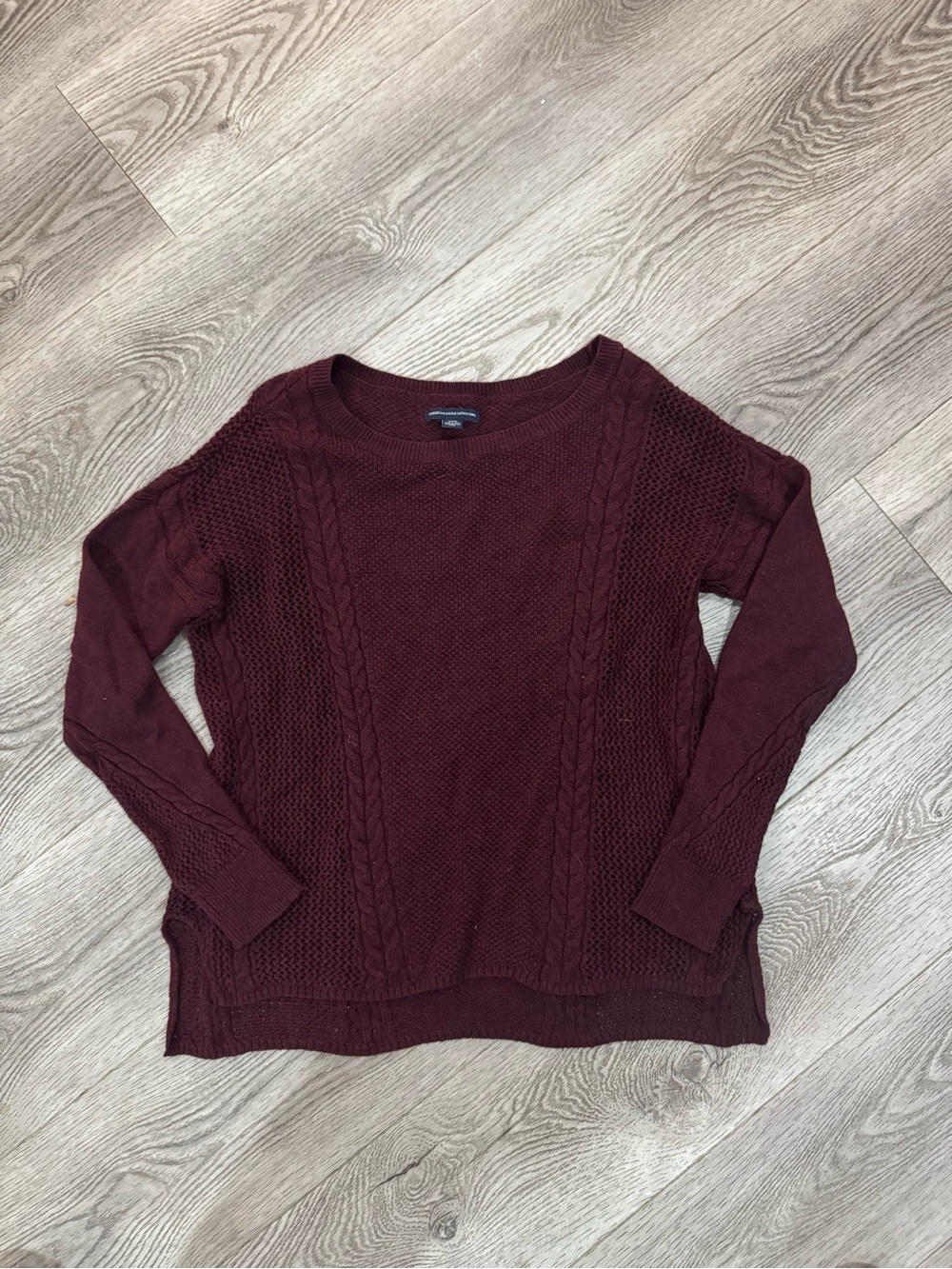 Womens Maroon Cable Knit Crewneck Sweater American Eagle